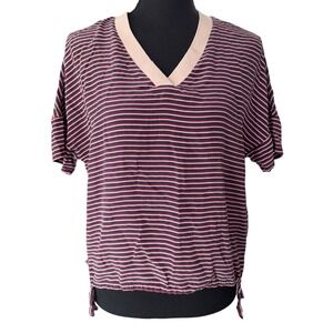 V Neck Red Blue Striped 100% Silk Short Sleeve Blouse Top Size L Retro Summer